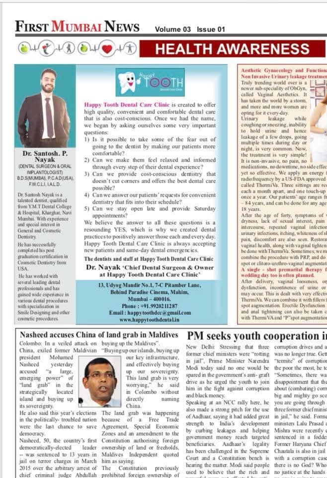 Dental Health Awareness feature associated with Dr. Santosh Nayak