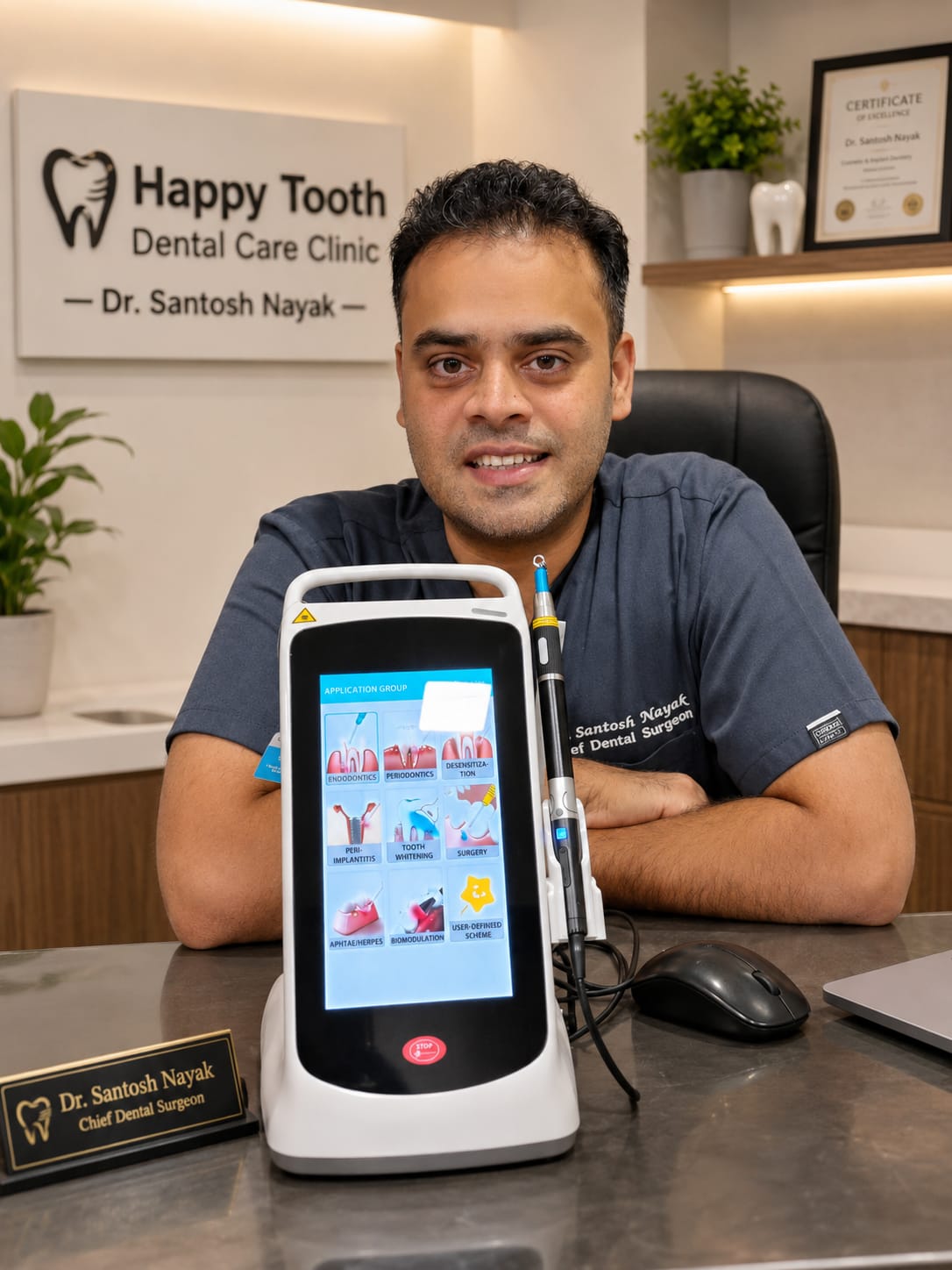 Dr Santosh Nayak with a dental laser unit at Happy Tooth Dental Care Clinic